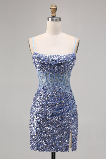 Corset Grey Blue Bodycon Sequins Homecoming Dress with Slit